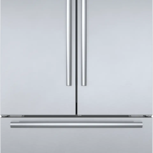 Home Bosch 36-inch counter-depth French door refrigerator with stainless steel finish, interior water dispenser, and bottom freezer drawer