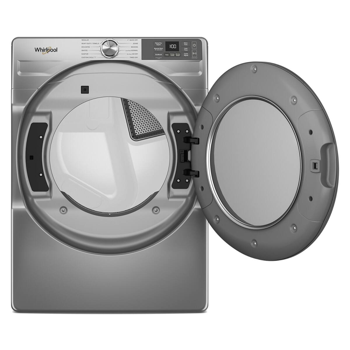 Whirlpool Smart Front Load Washer & Electric Dryer Package – 4.5 cu. ft. / 7.4 cu. ft., FreshFlow™, Wrinkle Shield®, Radiant Silver Whirlpool 4.5 cu. ft. smart front load washer and 7.4 cu. ft. stackable electric dryer in radiant silver finish